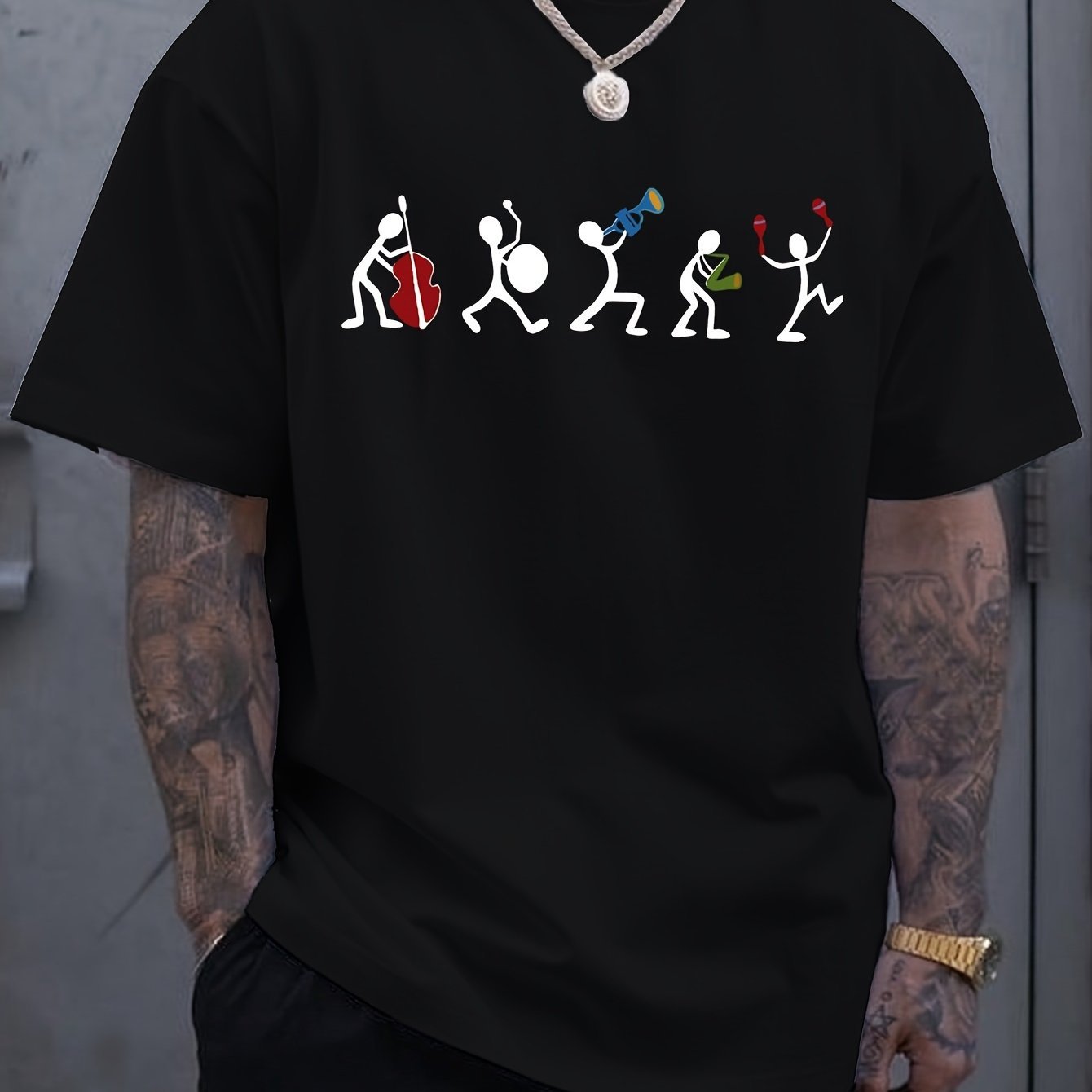 Men's Music Player Printed Short Sleeved T-shirt, Comfortable And Casual Elastic Round Neck Top, Men's Clothing-2